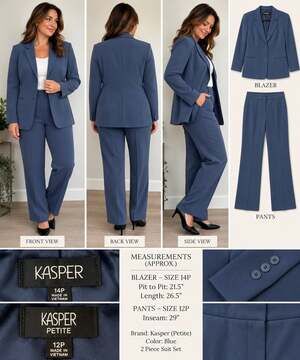 Kasper Petite Womens Blue 2 Piece Pant Suit Blazer 14P Pants 12P Career